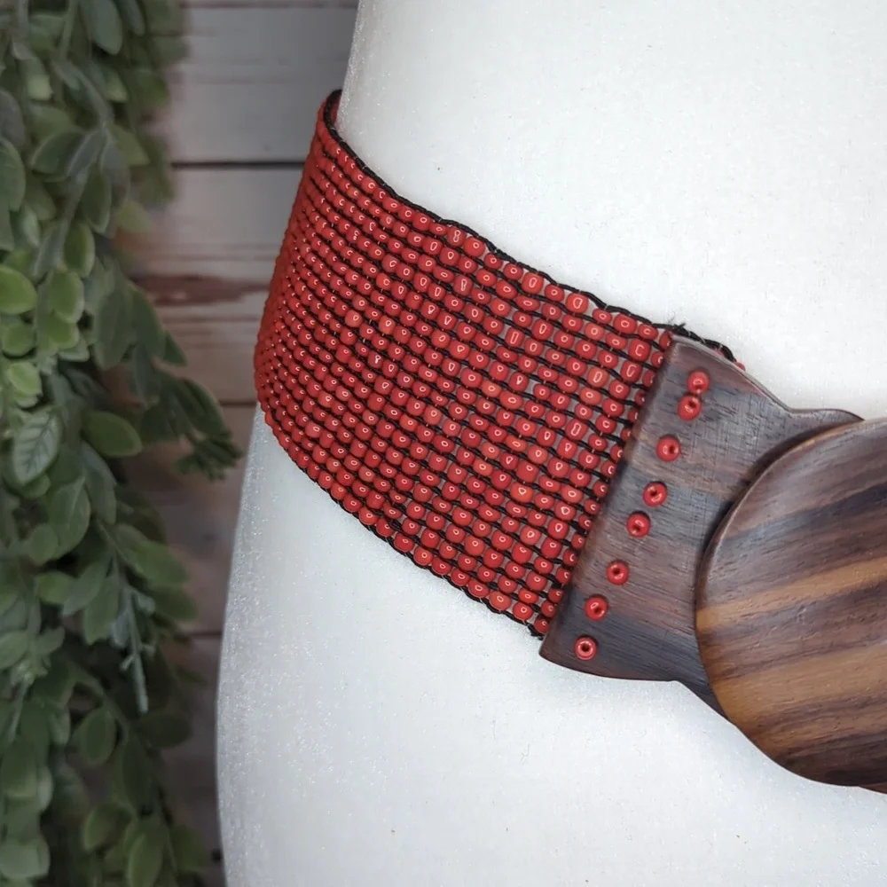 Vtg Glass Bead Wood Stretchy Elastic Belt Burnt Orange‎ Belt Women OS Bohemian